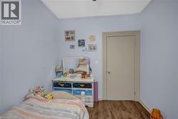 Light blue walls with crown molding and wood-finish flooring -
