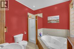 Bathroom featuring a jetted soaking tub, walk-in shower with frosted glass enclosure, and wood-finish cabinetry -