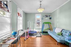 Spacious room featuring wood-finish flooring, light green wall paint, multiple windows with blinds, and a central ceiling fixture -