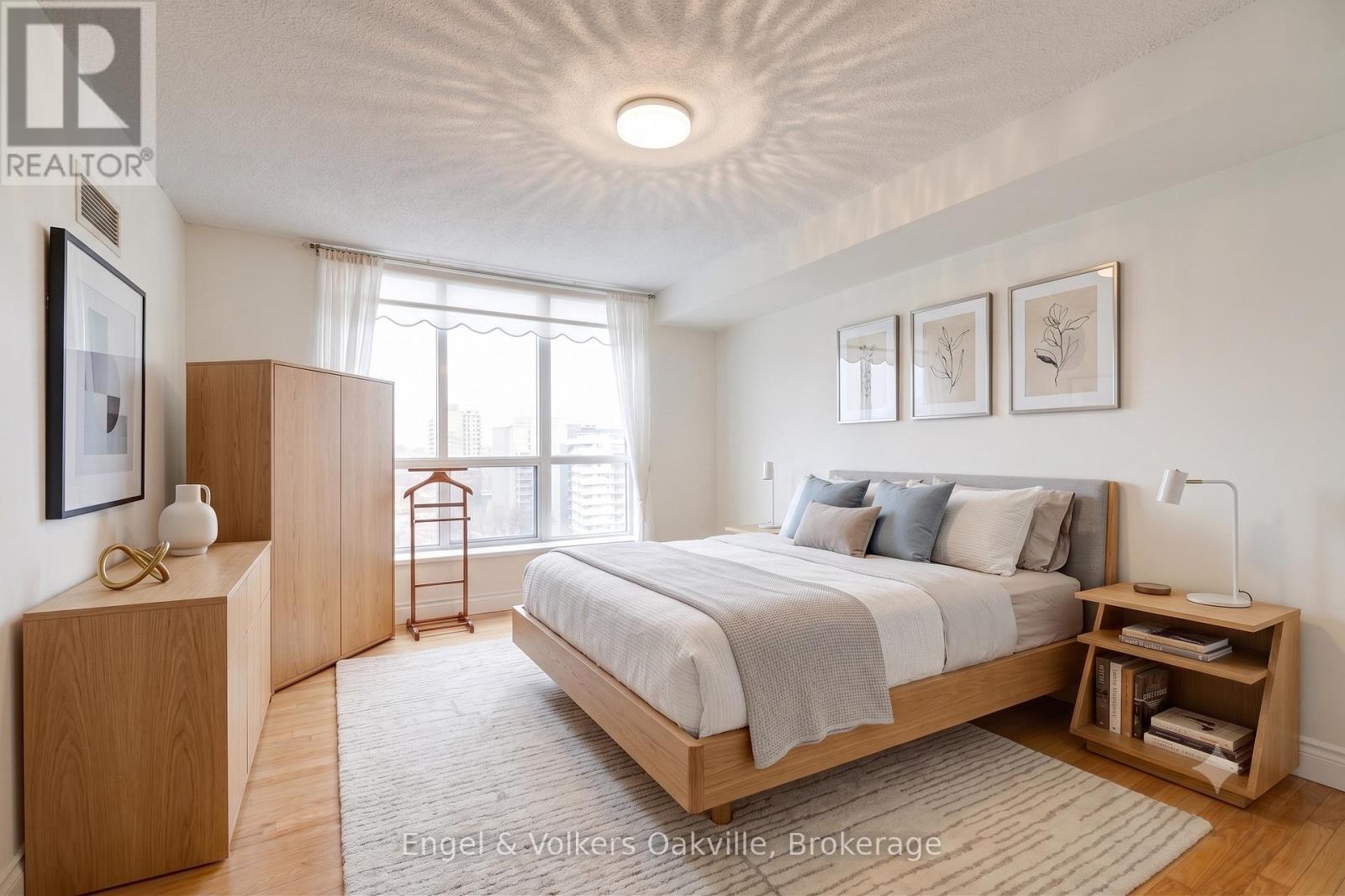 Virtually Staged - Primary Bedroom - 1402 - 442 Maple Avenue, Burlington (Brant), ON - Indoor Photo Showing Bedroom