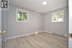 Room featuring neutral gray walls, wood-finish flooring, two windows with white trim, and a ceiling-mounted light fixture -
