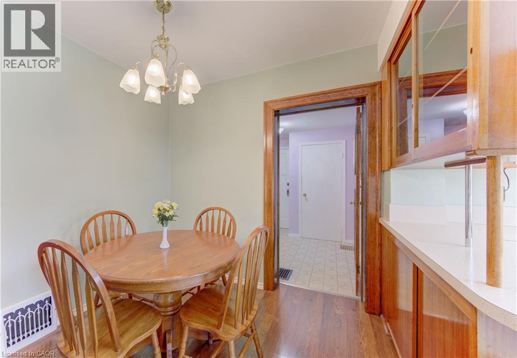 Dining area with wood-finish flooring, a decorative brass chandelier, and built-in wood cabinetry with glass fronts - 224 Weber Street E, Kitchener, ON - Indoor Photo Showing Dining Room