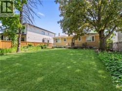 Expansive grassy yard featuring a large mature tree, a wooden deck, a light brick exterior, and a wood privacy fence - 