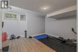 Lower level room featuring light gray walls, wood-finish flooring, recessed lighting, and two windows with horizontal blinds - 