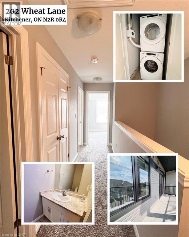 Property Listing Collage. Presenting images of the property's interior spaces, including a hallway, laundry appliances, a bathroom sink, and an exterior balcony - 202 Wheat Lane, Kitchener, ON - Indoor Photo Showing Other Room