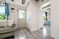 Bright, open entryway showcasing wood-finish flooring throughout, white interior doors with modern hardware, and abundant natural light from the front entrance - 