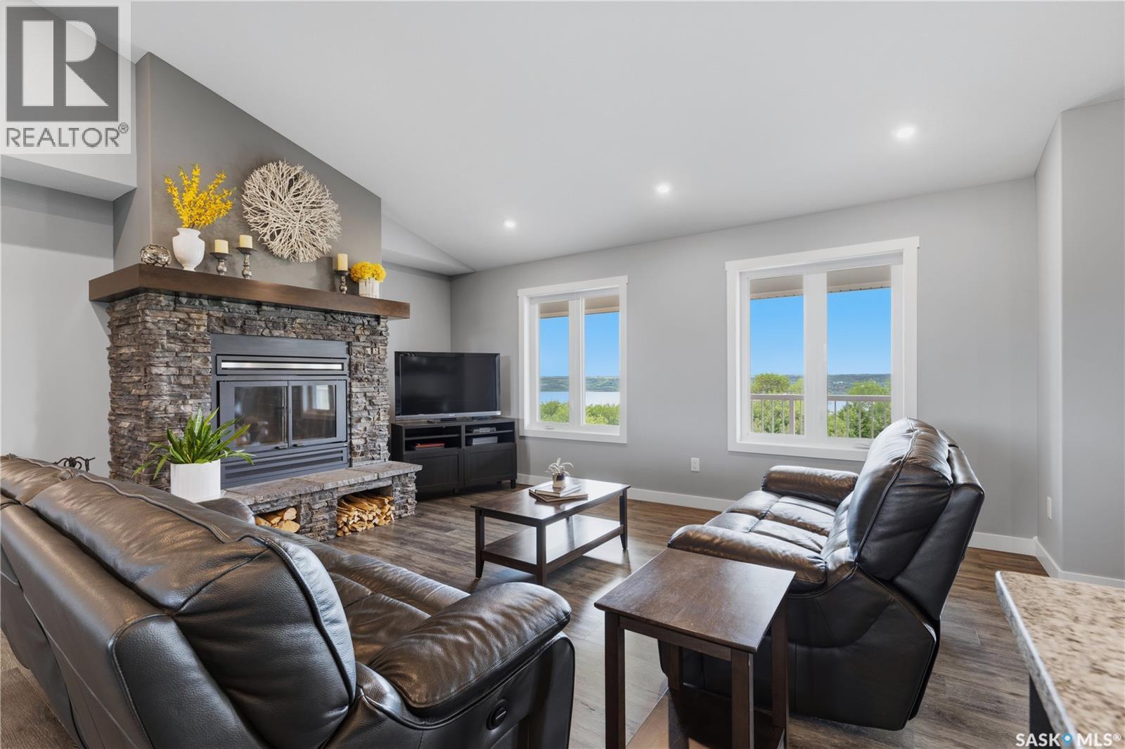 12 Valley Ridge Road, Last Mountain Lake, SK - Indoor Photo Showing Living Room With Fireplace