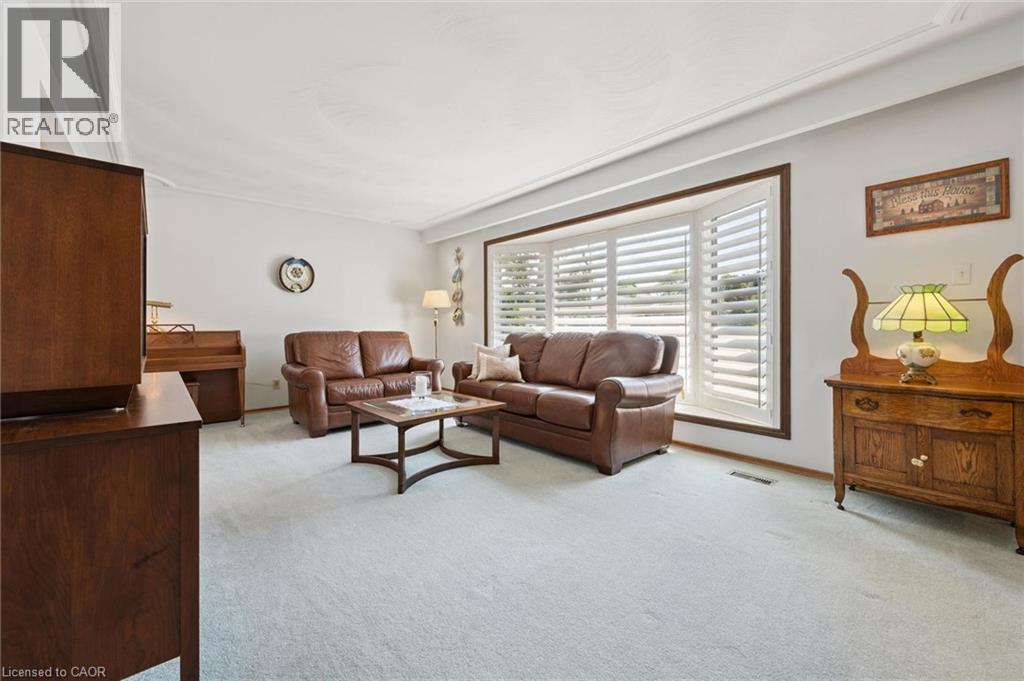 Light-colored carpeting throughout, wide bay window with white plantation shutters and dark wood trim, and crown molding - 18 Strathcona Crescent, Kitchener, ON - Indoor Photo Showing Living Room