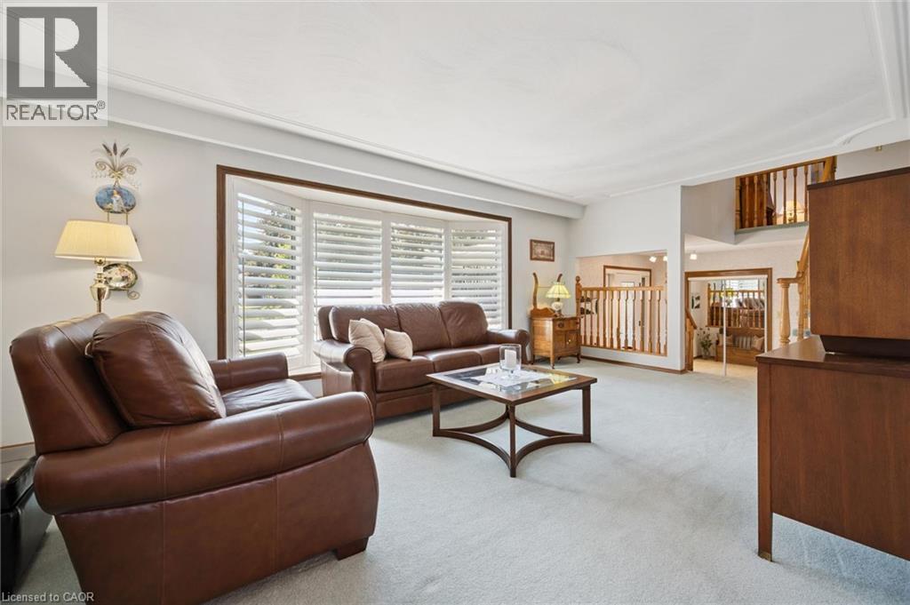 Living area featuring a bay window with plantation shutters, light-toned carpeting, and crown molding - 18 Strathcona Crescent, Kitchener, ON - Indoor Photo Showing Living Room