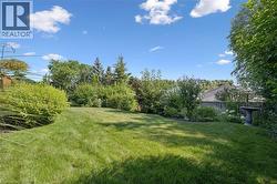 Expansive backyard featuring a manicured lawn, established shrubbery, and mature trees providing natural screening -