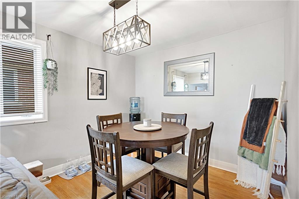 Dining area featuring wood-finish flooring and a rectangular metal chandelier - 371 Ottawa Street S, Kitchener, ON - Indoor Photo Showing Dining Room