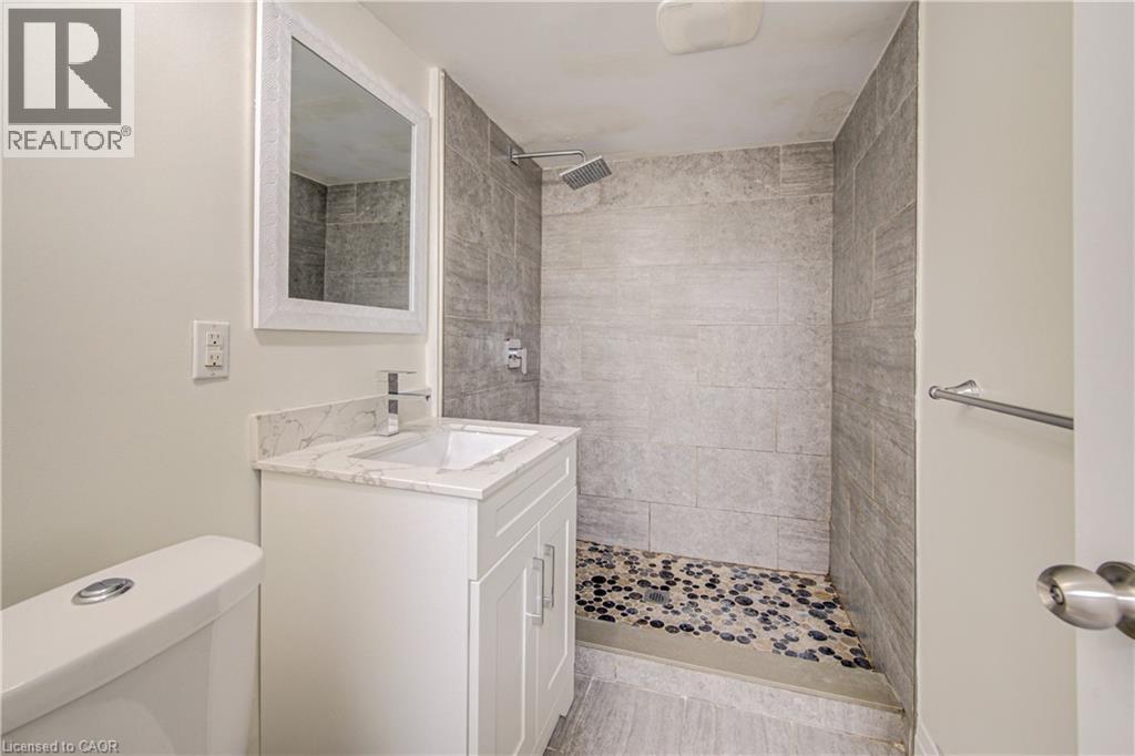 Vanity with a white finish, stone-finish countertop, and undermount sink - 161 Kipling Avenue, Kitchener, ON - Indoor Photo Showing Bathroom