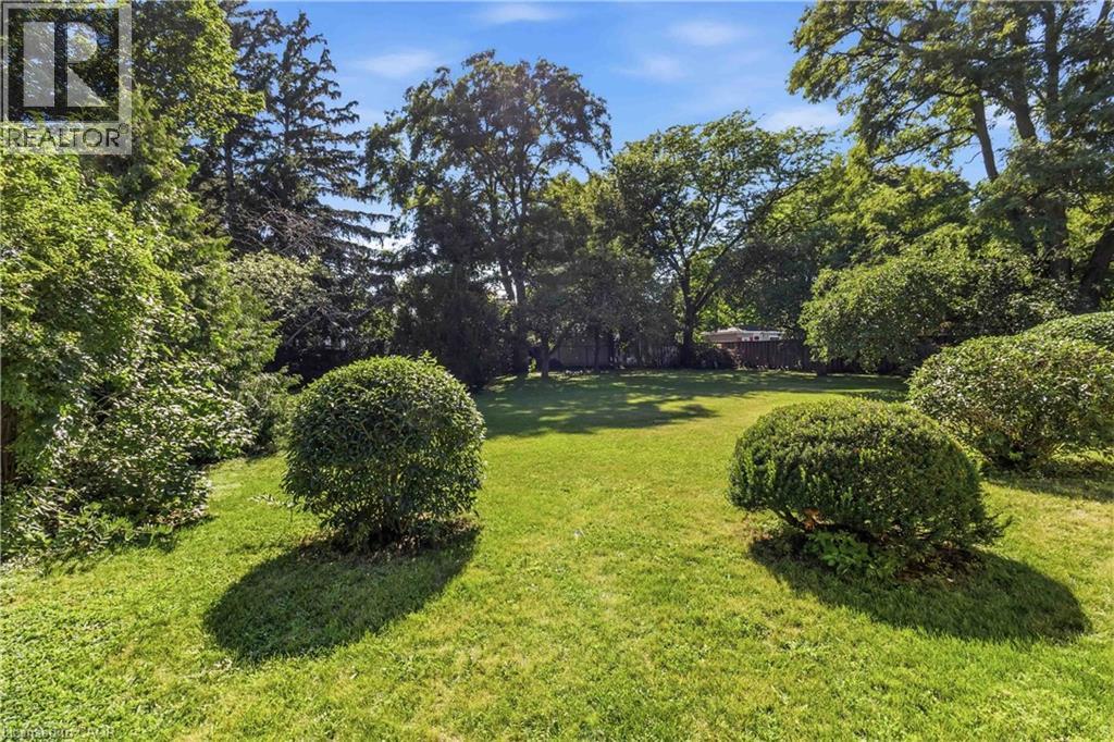 Expansive manicured lawn anchored by symmetrical rounded hedges and framed by mature shade trees - 974 Unsworth Avenue, Burlington, ON