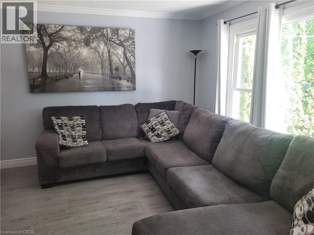 Light gray wall paint with crown molding, light wood-finish flooring, and natural light from a window with white trim - 23 Bentley Place, Hamilton, ON - Indoor Photo Showing Living Room