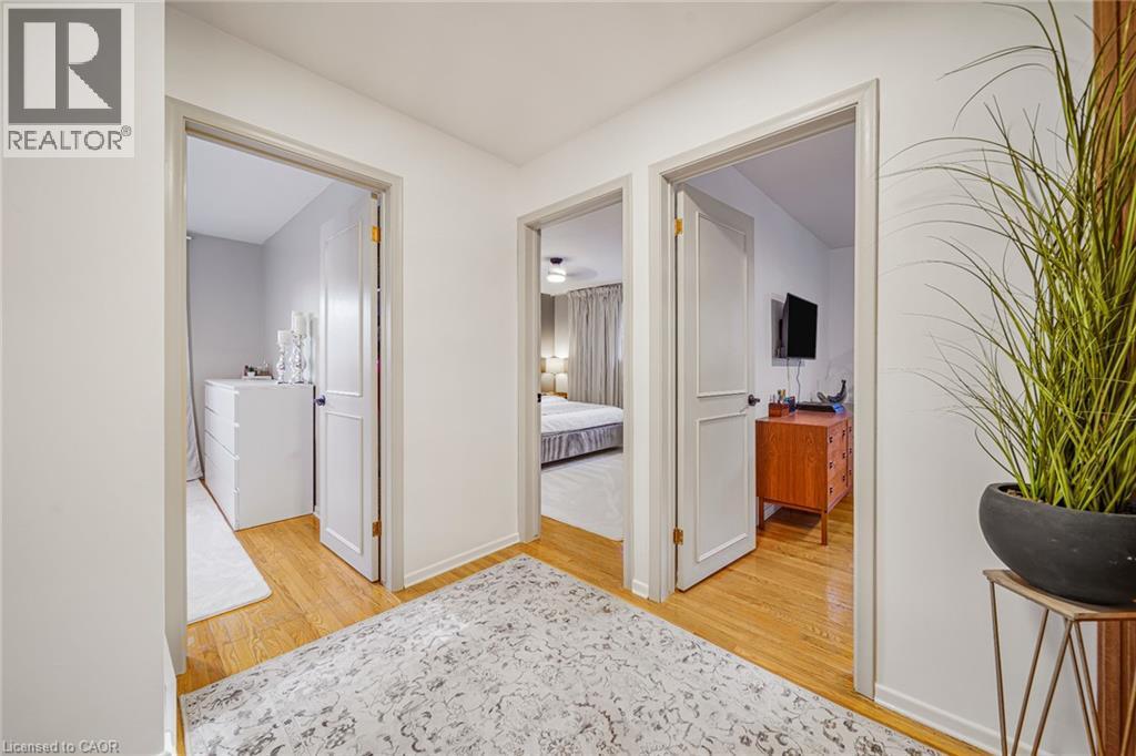 Hallway featuring wood-finish flooring and three doorways with panel doors - 24 Garvey Crescent, Hamilton, ON - Indoor