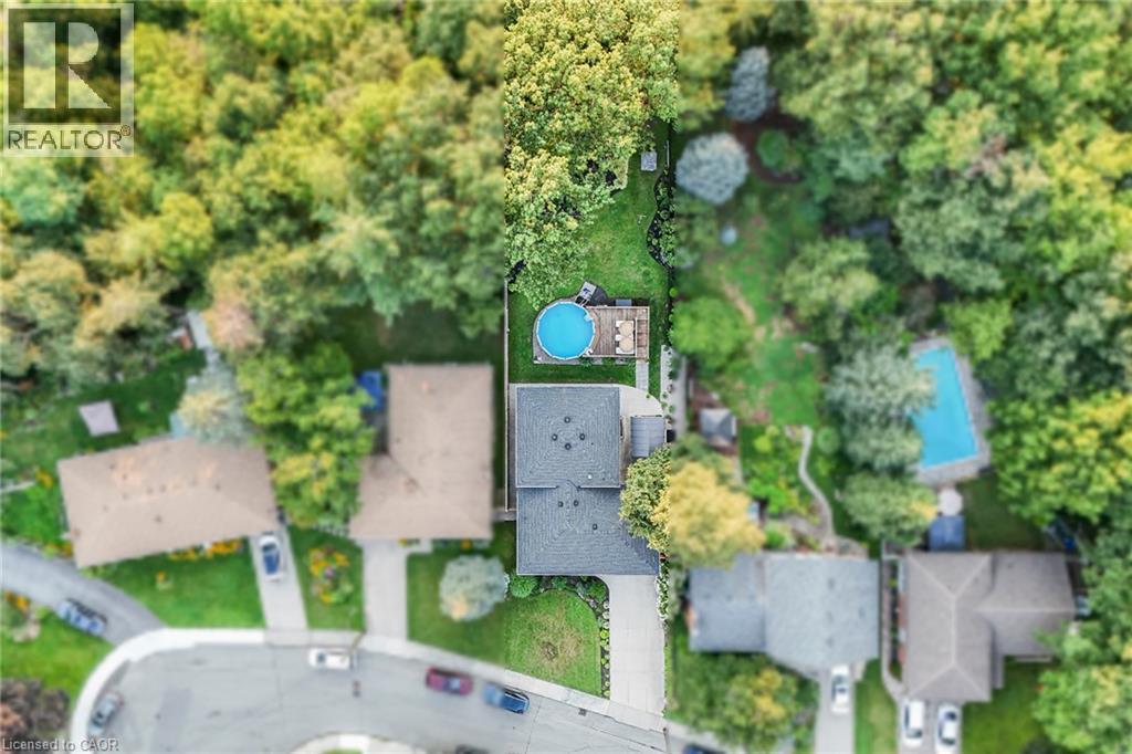 Spacious backyard featuring a circular above-ground pool, surrounding wood-finish deck, and mature trees - 24 Garvey Crescent, Hamilton, ON - Outdoor With View
