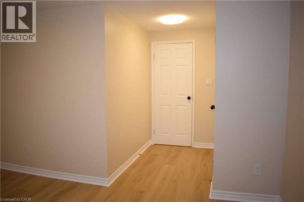 Wood-finish flooring with white trim, a white paneled door with black hardware, and an overhead flush-mount light fixture - 655 Albert Street Unit# A, Waterloo, ON - Indoor Photo Showing Other Room