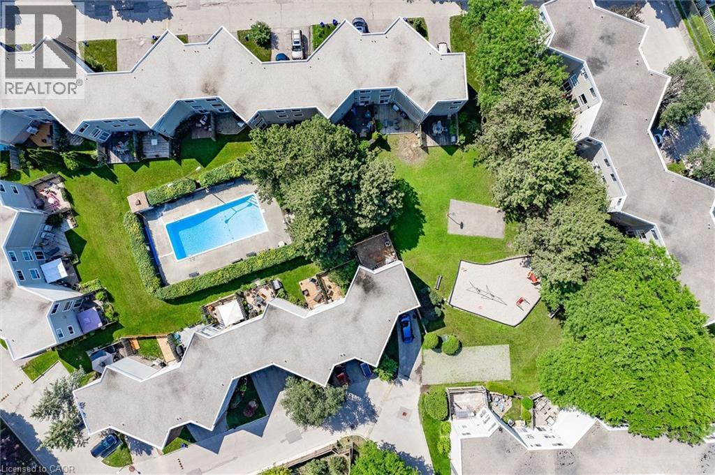 Rectangular swimming pool, adjacent green space, playground area, mature trees, and residential buildings - 60 Elmsdale Drive Unit# 25, Kitchener, ON - Outdoor With In Ground Pool With View