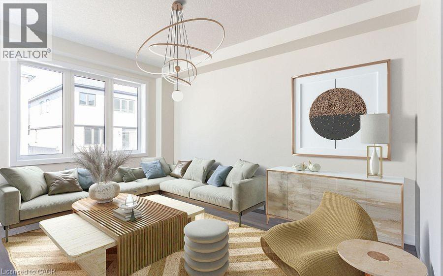 Spacious living area featuring large windows, wood-finish flooring, a contemporary chandelier, and a built-in console table with a light-toned countertop - 16 Monteith Drive, Brantford, ON - Indoor Photo Showing Living Room
