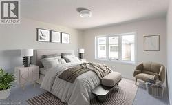 Carpeted flooring, white walls, large window with white trim, flush-mount ceiling light - 