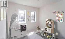 Neutral wall color, two windows, wall-to-wall carpeting, overhead lighting, white trim - 