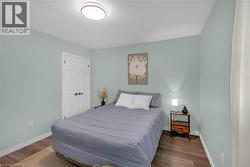 Room featuring light green walls, wood-finish flooring, white baseboards, and a white ceiling with a flush-mount circular light fixture - 