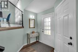 Entryway featuring wood-finish flooring, a white paneled door with black hardware, and a glass-paneled entry door - 