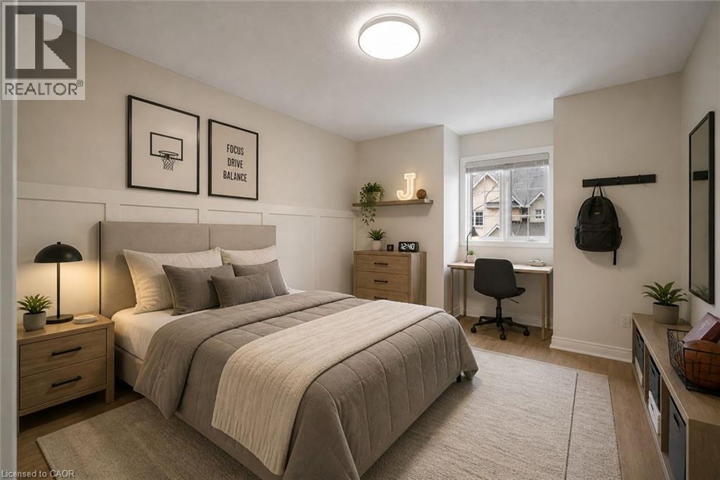 Recessed window, wood-finish flooring, ceiling-mounted light fixture, and built-in wall paneling - 320 Hamilton Drive Unit# 10, Ancaster, ON - Indoor Photo Showing Bedroom