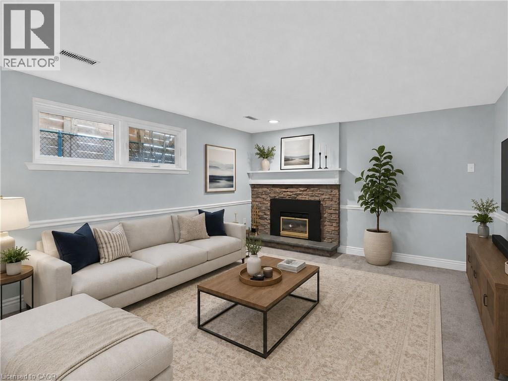 Virtually Staged. - 3401 Rockwood Drive, Burlington, ON - Indoor Photo Showing Living Room With Fireplace