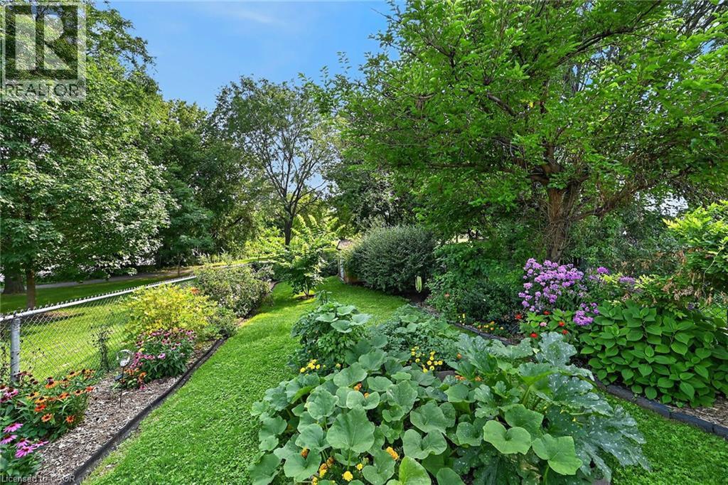 Expansive lawn area with mature trees and diverse planted garden beds - 230 Picton Street E, Hamilton, ON - Outdoor