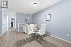 Wood-finish flooring throughout, light blue wall paint, white trim, and a contemporary ceiling light fixture -
