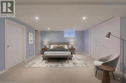 Recessed lighting throughout, light blue wall paint, white trim, window, and bi-fold closet doors -
