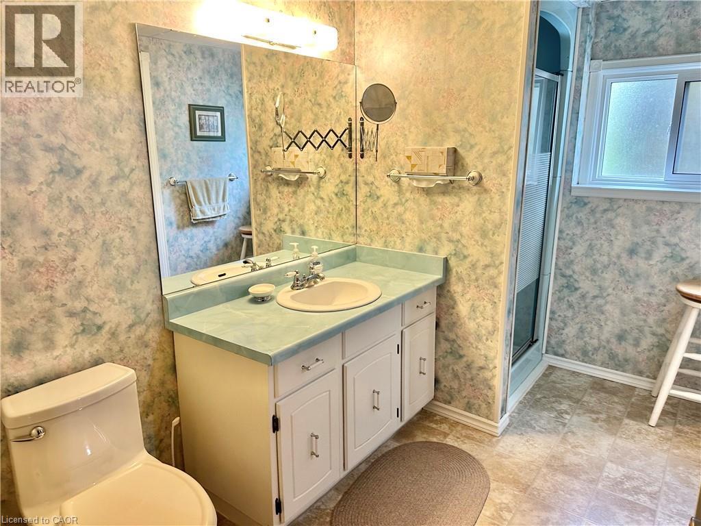 Lower Level - Bathroom - Single vanity with a light blue countertop, white cabinetry with silver hardware, and a large mirror - 44 Douglas Avenue, Simcoe, ON - Indoor Photo Showing Bathroom
