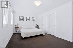White walls, dark carpeting, white window blinds, and two paneled interior doors - 