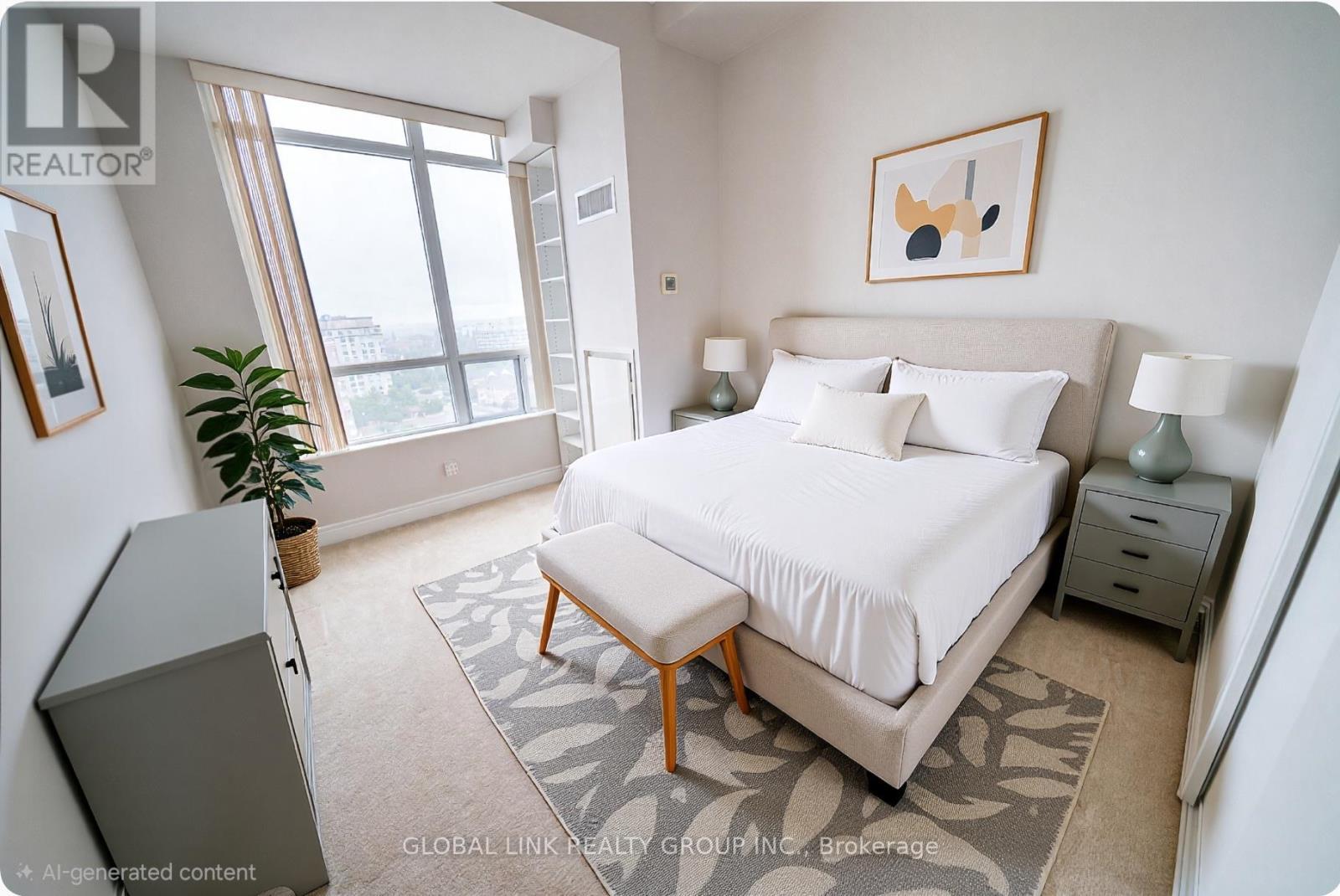 2nd BR - includes 4pc ensuite (AI staged) - Uph 01 - 88 Times Avenue, Markham, ON - Indoor Photo Showing Bedroom