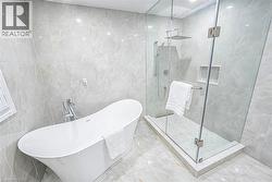 Freestanding soaking tub and glass-enclosed shower with rain shower head -