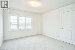 Carpeted flooring, white walls, double panel interior door, window with grid pattern, and flush-mount ceiling light fixture -