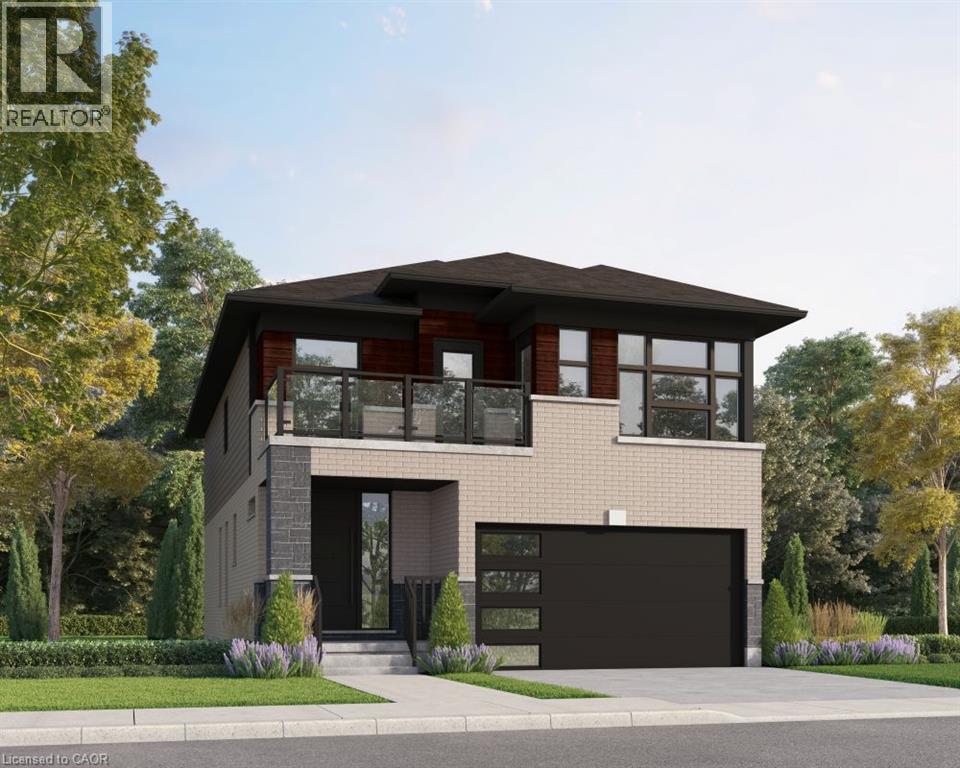 Contemporary exterior featuring a black roofline, light brick and dark stone facade, and a second-story balcony with glass railings - 451 Benninger Street, Kitchener, ON - Outdoor