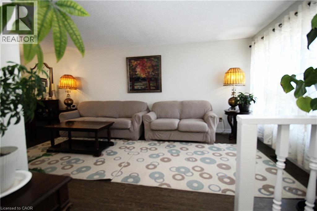 Dark wood-finish flooring with a light-toned area rug - 35 Garden Crescent, Hamilton, ON - Indoor Photo Showing Living Room
