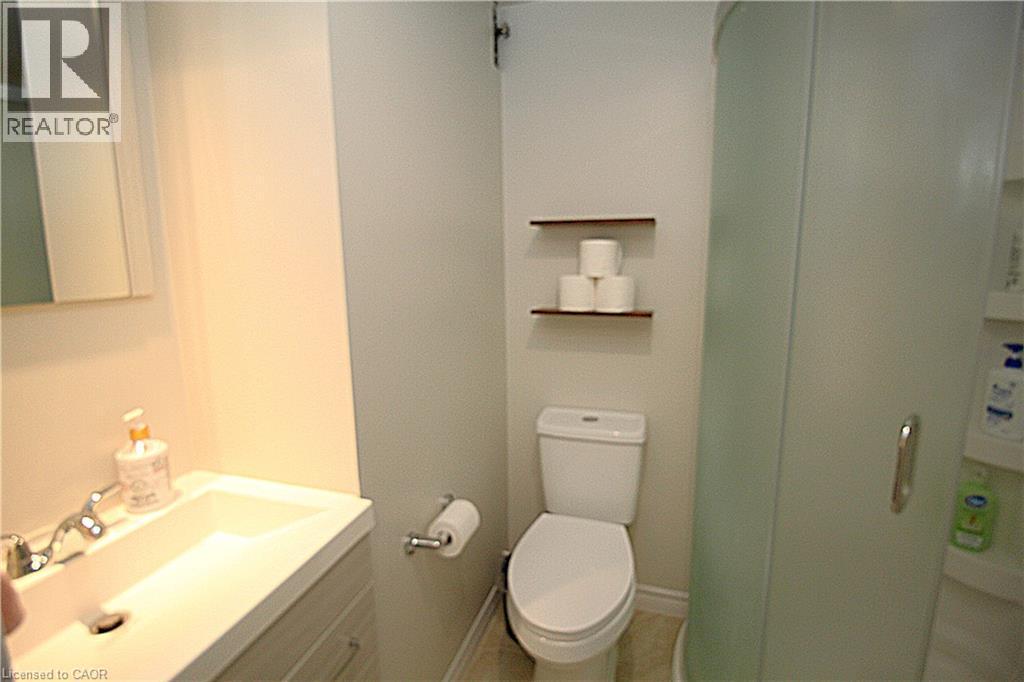Vanity with an integrated sink and chrome faucet, wall-mounted mirror, white commode, and a curved glass shower enclosure - 35 Garden Crescent, Hamilton, ON - Indoor Photo Showing Bathroom