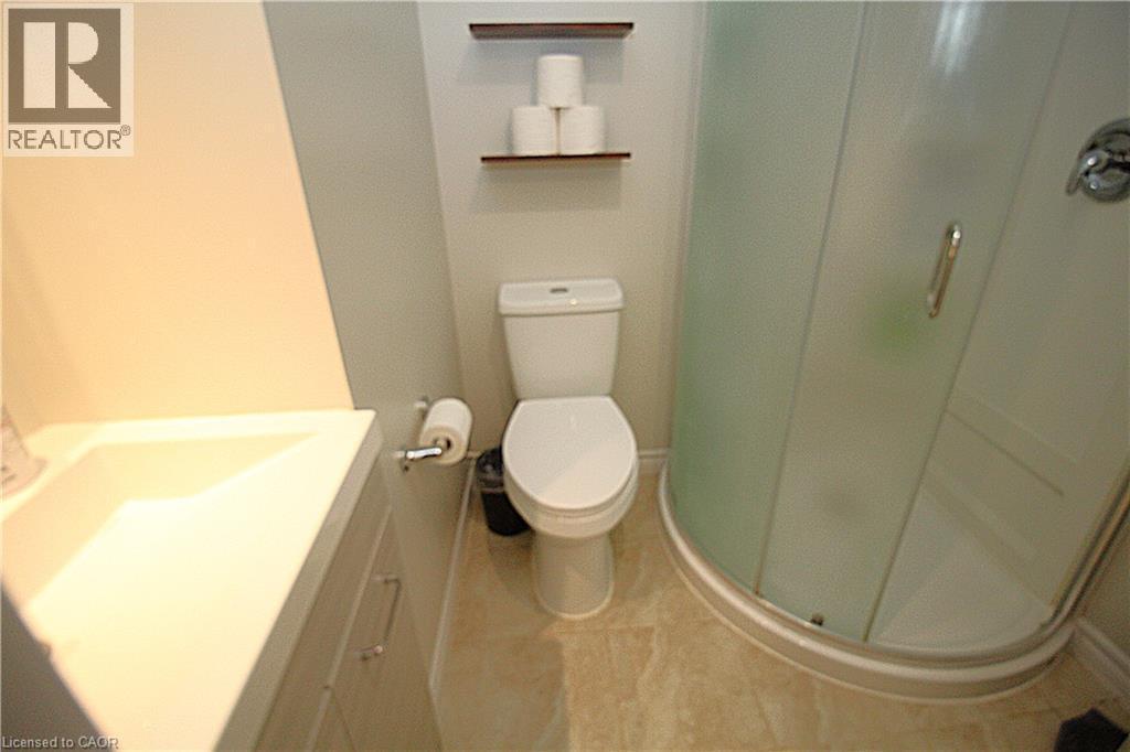 Built-in corner shower with frosted glass enclosure, white vanity with integrated sink, and two wall-mounted shelving units - 35 Garden Crescent, Hamilton, ON - Indoor Photo Showing Bathroom