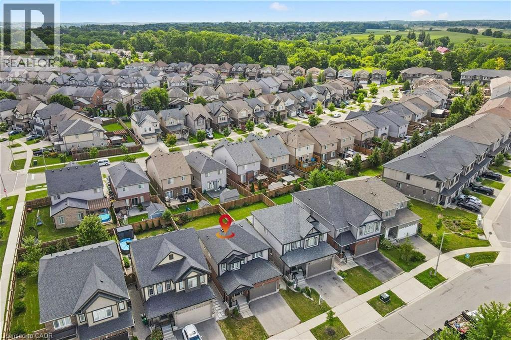 Aerial perspective of a residential neighborhood with varied architectural styles and mature trees - 360 Freure Drive, Cambridge, ON - Outdoor With View