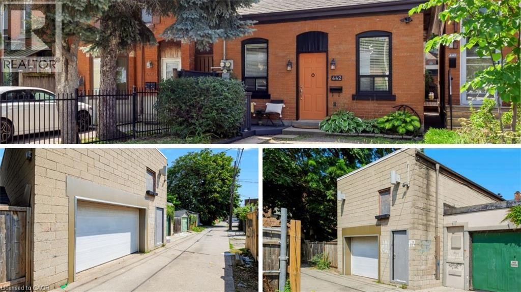 Property Listing Photos. Presenting the exterior facade of the property and the rear alley access with garage structures - 442 King William Street, Hamilton, ON - Outdoor