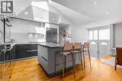 Vaulted ceiling with skylight, wood-finish flooring, two-tone cabinetry, central island with countertop, and stainless steel appliances - 