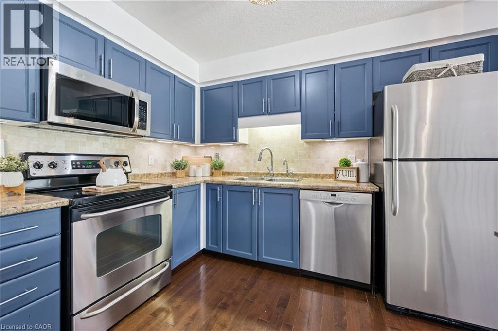 Kitchen featuring blue cabinetry, stainless steel appliances, wood-finish flooring, undermount sink, and tiled backsplash - 308 Parkvale Drive, Kitchener, ON - Indoor Photo Showing Kitchen