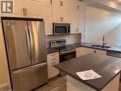 Kitchen featuring stainless steel appliances, light-toned cabinetry, dark countertops, a double basin sink, and wood-finish flooring - 