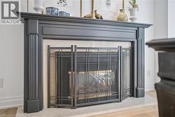 Fireplace featuring a dark gray mantel with fluted columns, a stone surround, and a coordinating metal screen - 
