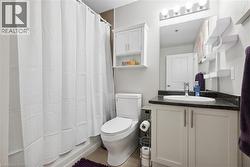 Full bathroom with a white vanity, dark countertop, wall-mounted mirror, overhead lighting, and built-in shelving - 