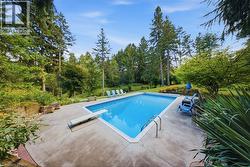 Rectangular swimming pool with a diving board, surrounded by a concrete patio and mature trees - 