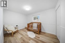 Bright room featuring vinyl flooring, white walls with wainscoting, and a ceiling-mounted light fixture - 